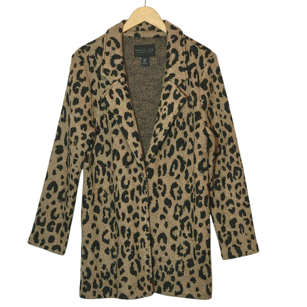 Rachel Zoe Leopard Print Wool Coat Mid Length Chic Cozy Fall Statement Piece M